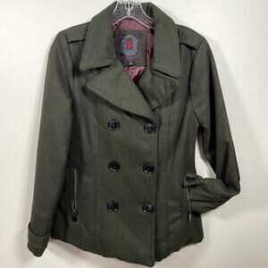 DOLLHOUSE NYC Womens SM Olive Green & Black Double Breasted Button Pea Coat